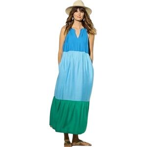 J.Jill Color Block Tier Maxi Tank Dress Blue Green Pockets Size S Petite EUC